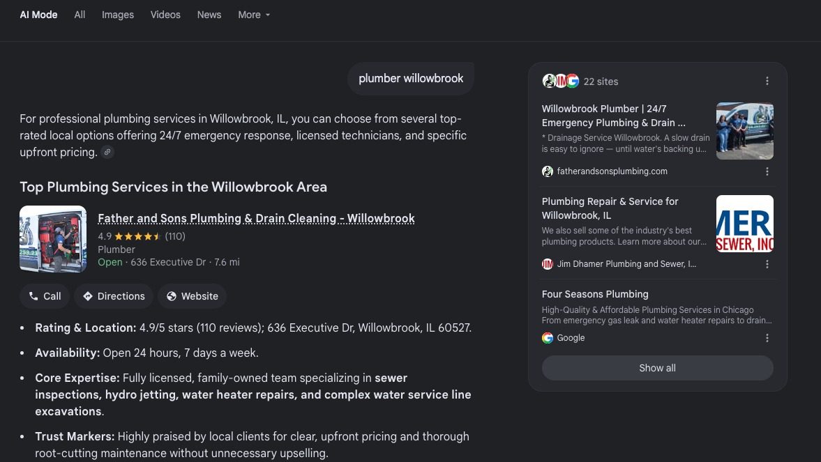Google AI Mode result for plumber Willowbrook showing Father and Sons Plumbing as the featured answer and number one cited source