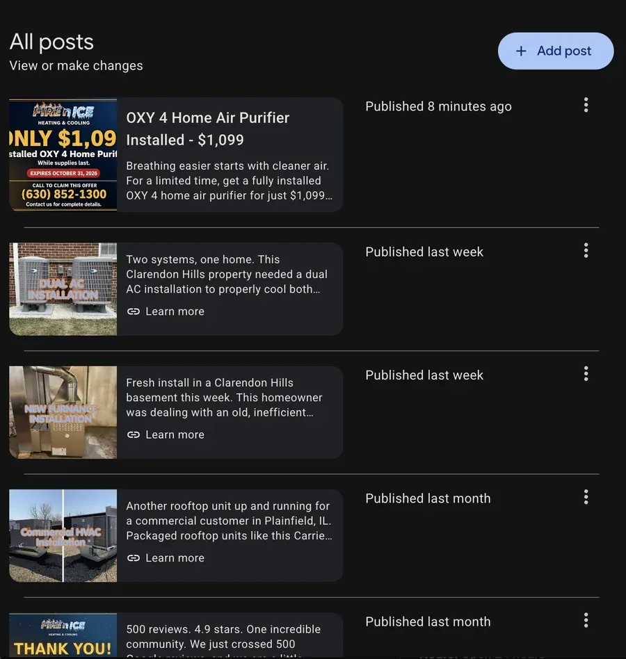 Google Business Profile posts feed showing weekly updates and coupon offers