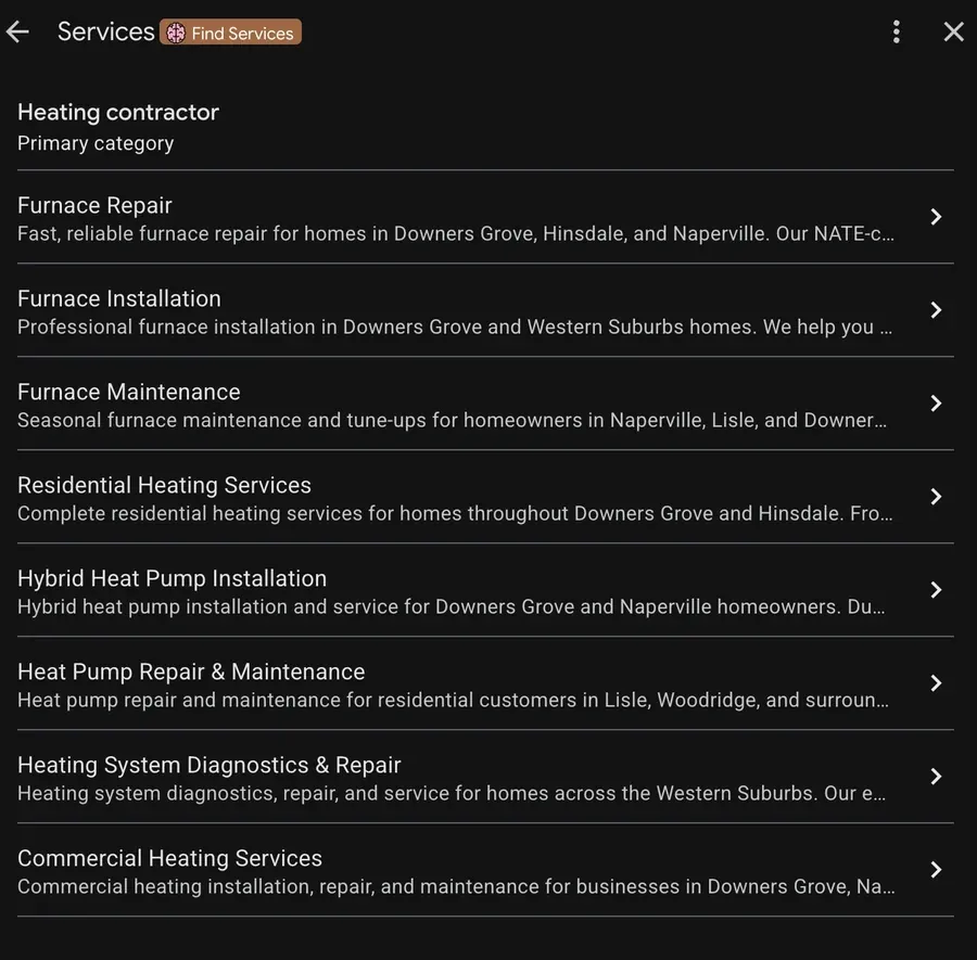 Fully completed services section on a Google Business Profile with detailed local descriptions
