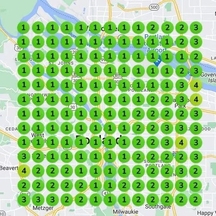 Geo-grid scan showing number 1 map pack rankings across an entire metro grid